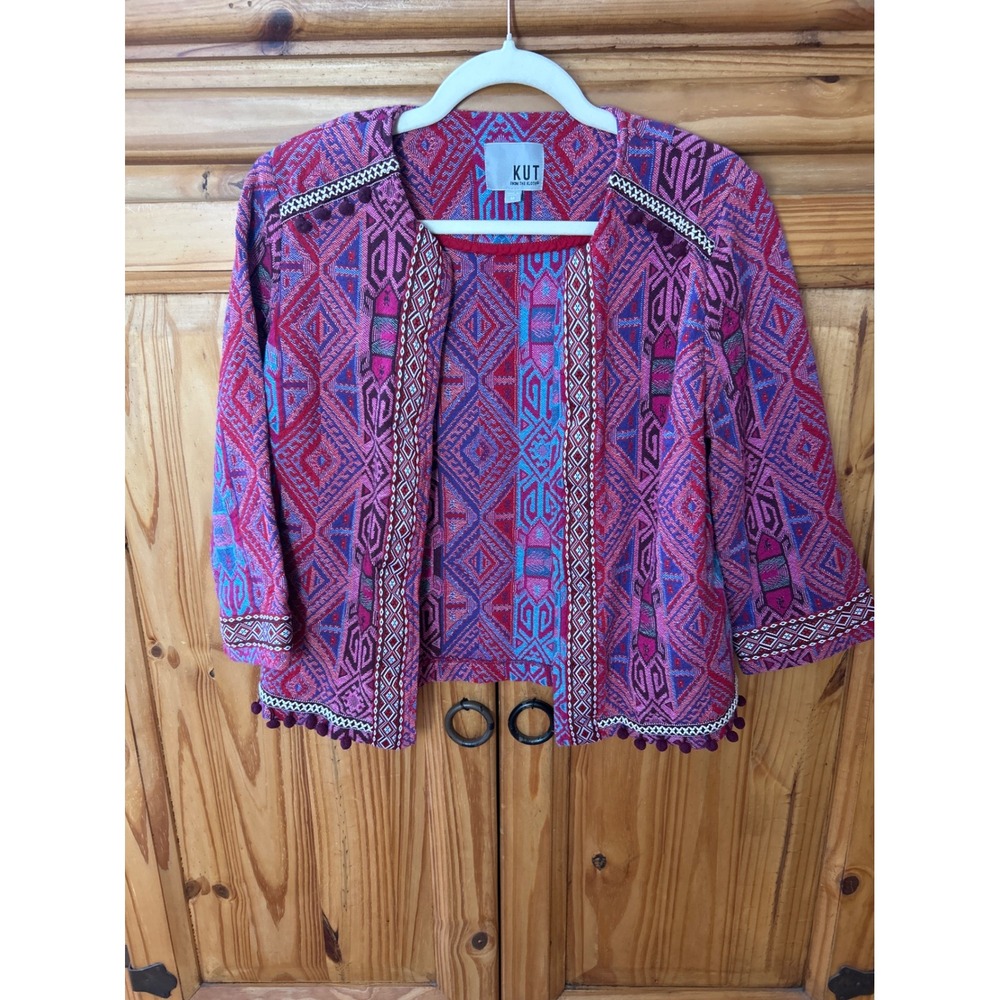 KUT from the Kloth Pink Geometric Jacquard Pom Pom Jacket Womens M